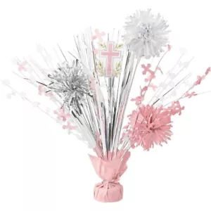 First Communion Pink Tinsel Burst Centerpiece 18" Religious Tableware Decoration - Picture 1 of 1
