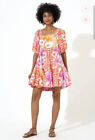 OLIPHANT Sz M Medium Puff Sleeve Bubble Skirt Dress Antigua Orange Print