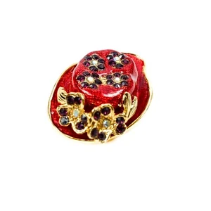 Red Hat Guilloche Style Enamel Brooch Rhinestone Floral Groupings w Brocade Bag - Picture 1 of 11
