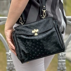 Bolso de hombro de cuero de avestruz genuino de lujo negro para mujer - Imagen 1 de 14