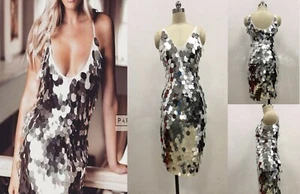Ladies Silver Full Large Sequin Fish Scale Design Hug Dress in Extra Small UK 6 - Picture 1 of 1