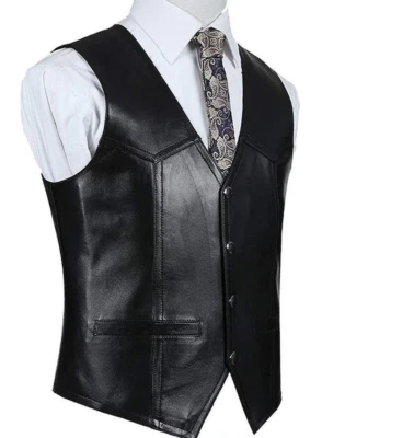 Chaleco de cuero para hombre Chaqueta de cuero Blazer de piel de cordero Traje para hombre Chalecos Abrigo de cuero Foto 1 de 4