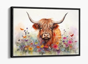 WATERCOLOUR HIGHLAND COW FLOWERS -DEEP FLOAT EFFECT FRAMED CANVAS WALL ART PRINT - Picture 1 of 12