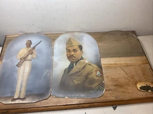 Grande ritratto vintage esercito afroamericano uomo con nome in vetro curvo - Foto 1 di 13