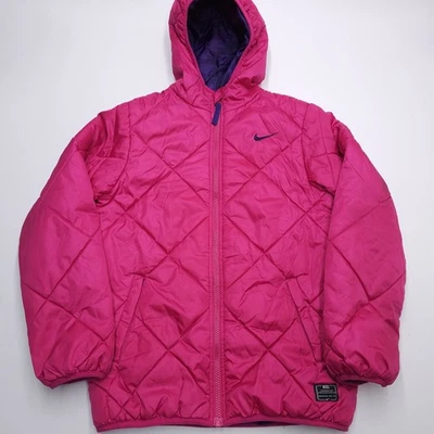 Nike Jacket Girls Size Large 12-13 Years Old Pink Quilted Puffer Hood Full Zip  - Image 1 of 4