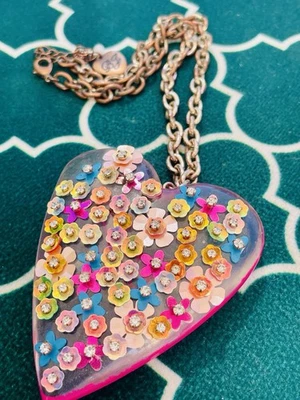 Betsey Johnson Rhinestone Sequin Rare Lucite Heart Pendant Necklace Love AS IS - Image 1 of 4