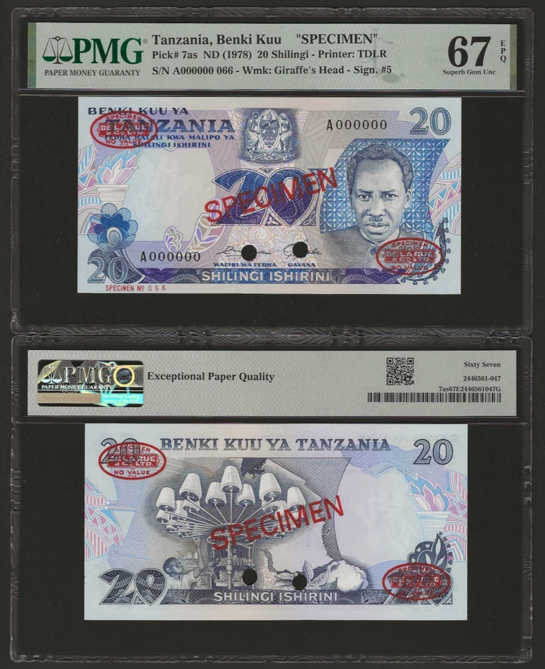 TANZANIA 20 Shilingi 1978, P-7as SPECIMEN, 1st Sign, PMG 67 EPQ Superb Gem UNC - Image 1 of 1
