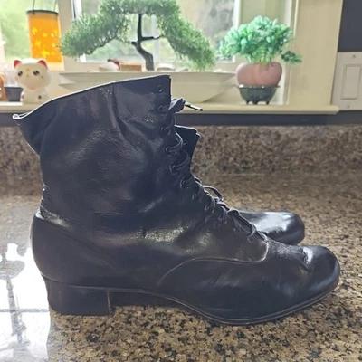 Vintage Early 1900s Black Leather Granny Ankle Boots Size 10.5/11 M Grunge  - Image 1 of 4