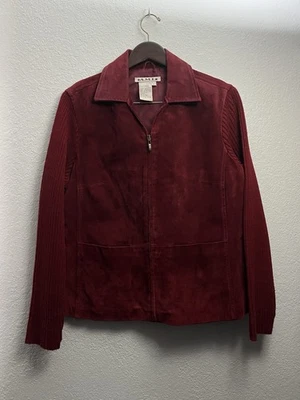 A.M.I Women’s Large Leather Jacket, Red/ Cherry Suede Zipped Front Knit Sleeve - Image 1 of 4