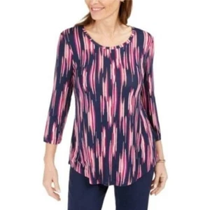 JM Collection Women's Size S 3/4 Sleeve Tunic Top Navy Pink Abstract Print NWT - Picture 1 of 9