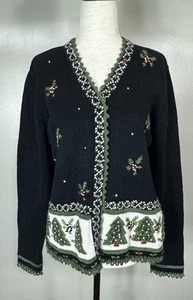 Vtg All Points Reference Point Embroidered Christmas Trees Cardigan Sweater Sz M - Picture 1 of 12