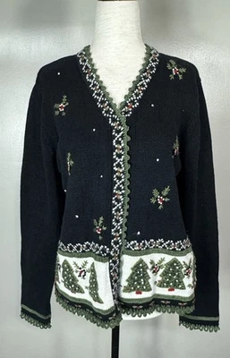Винтажный все точки ссылка вышитые рождественские елки кардиган свитер Sz M - Изображение 1 из 4