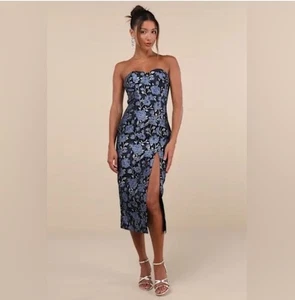 Lulus Beloved Belle Neu mit Etikett Gr. Medium schwarz Multi Jacquard trägerlos Schleife Midikleid - Bild 1 von 16