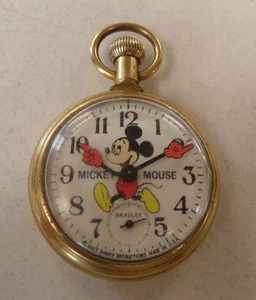 Vintage 70s BRADLEY Mickey Mouse POCKET WATCH Walt Disney Production Train WORKS - Picture 1 of 9