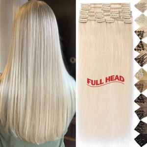 Echte Remy Echthaar Extensions Clip in 8 Stück blond voller Kopf 16/18/22/24 Zoll - Bild 1 von 71