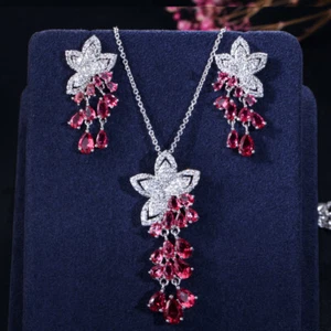 Women Boho Silver Plated Zircon Flower Fringe Drop Earrings Necklace Jewelry Set - Picture 1 of 17