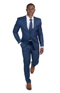 Traje Ajustado 2 Botones Hombre Ventana a Cuadros Azul Marino Muesca Solapa AZAR MAN 18335 - Imagen 1 de 6