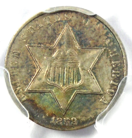 1859 Three Cent Silver Coin 3CS - Certified PCGS AU Detail - Rare Type Coin! Cover