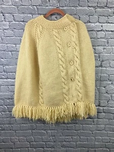 Vintage Cape Side Button Fringed Cream Poncho Hand Knitted Cable M/L - Picture 1 of 6