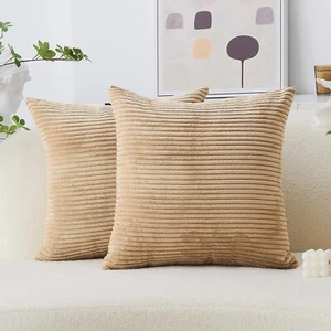 Juego de 2 cojines de peluche grandes Jumbo acanalados de pana suaves 24"x24" marrón claro - Imagen 1 de 2