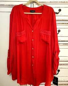 I.N. Studio Artsy Boho Moroccan Red Lace Pleat Round Hem Lightweight Top Plus 3X - Picture 1 of 14