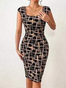Chic Geometric Print Midi Dress square neck, cap sleeve, Size 14 mixed color - Picture 1 of 6