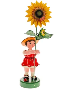 Hubrig Blumenkinder Großes Mädchen m. rotem Kleid u. Sonnenblume 53cm # 307h4401 - Bild 1 von 3