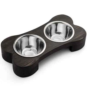 Raised Wooden Pet Bowls Stainless Steel Double Dog Puppy Dishes Feeding Supplies - Picture 1 of 35