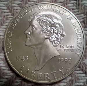 1993-P Thomas Jefferson Silver Dollar Commemorative .900 - Picture 1 of 2