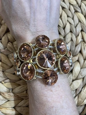 Gold Tone Amber Glass Rhinestones Statement Glam Bold Bracelet Chunky Mob Wife - Image 1 of 4