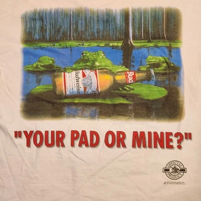 Camiseta Vintage XL Budweiser Frogs Single Stitch Your Pad Or Mine 1995 Adulto Foto 1 de 4