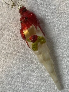 Vintage Glass Christmas Ornament 2 Cardinals On Glittery Icicle 8” - Picture 1 of 8