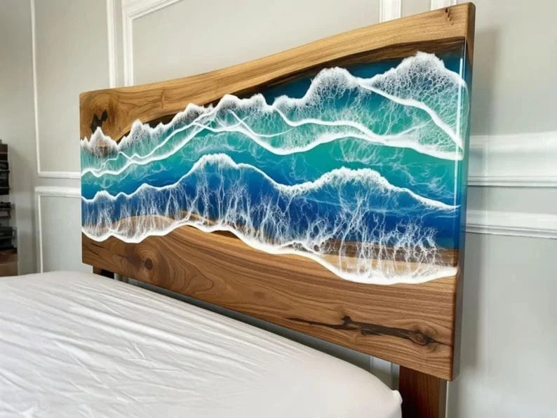 King Size эпоксидная смола океанские волны изголовье: ручной работы деревенский современный настенное искусство - Изображение 1 из 4