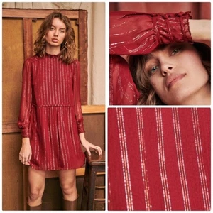 Sezane Robe Odile Silk Metallic Stripe Burgundy Dress French 34 US 2 - Picture 1 of 7