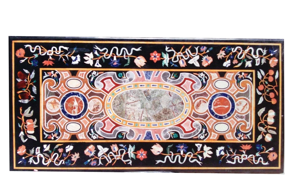 48" x 24" Black Marble Center Dining Table Top Inlay Pietra Dura Handicraft - Image 1 of 1