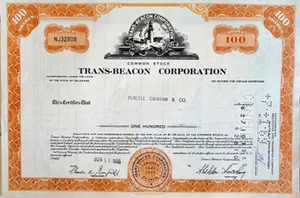 Trans-Beacon Corporation Stock Certificate, 100 Shares, 1966 - Orange Borders - Picture 1 of 3