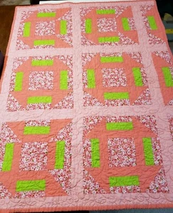 Handmade Baby Girl Quilt Pink Green Floral Rectangle Pieced Cotton - Picture 1 of 10