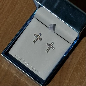 Sterling Silver Diamond CZ Cross Studs Dainty Minimalist Religious Jewelry - Picture 1 of 4