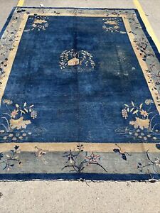 Antique Chinese Art Deco Hand Knotted Wool Traditional Area Rug Navy 9’x11'7"