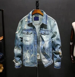 Giacca denim uomo vintage cappotto jeans strappato slim fit moda outwear street chic - Foto 1 di 12