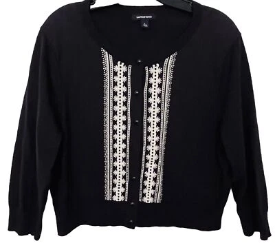Cárdigan suéter Lands' End para niñas negro blanco tejido bordado con botones grande Foto 1 de 4