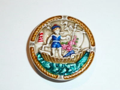 Large Art Stone Sailor Boy on Sailboat Shank Button 1-7/16" Boat  Flower Sailor - Image 1 of 4