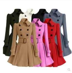 Womens Double Breasted Slim Fit Woolen Long Jacket Overcoat Belt Trench Coat Hot - Picture 1 of 19