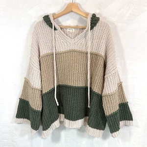 Pol Sweater Pullover Contrast Stripe Hooded Oversized Relaxed Boho NWOT - Picture 1 of 13
