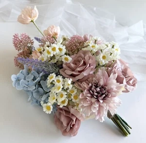 Wedding Bouquet Dusty Pink Blue Pastel Colour Flower Bouquets Wildflowers Daisy - Picture 1 of 8