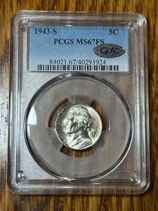 1943-S 5C Jefferson Silver Wartime Nickel PCGS MS67FS Full Steps, QA STICKER! - Picture 1 of 10