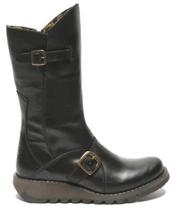 Fly London Mujer Negro Mes 2 Botas Cuña Hebilla Media Caña Cuero con Cremallera - Imagen 1 de 6