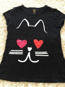 Total Girl Black White Cat Pink Sequin Red Heart Eyes Short Sleeve Short 10-12 - Picture 1 of 6