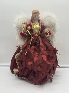 Vintage Angel Tree Topper 14" Red and Gold Gown With White Feathered Wings - Picture 1 of 12