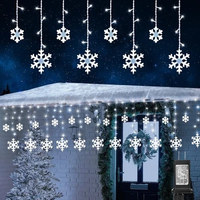 JNAURB Christmas Snowflake Lights Outdoor, 17.22ft 264 LED Snowflake Icicle Lights w...